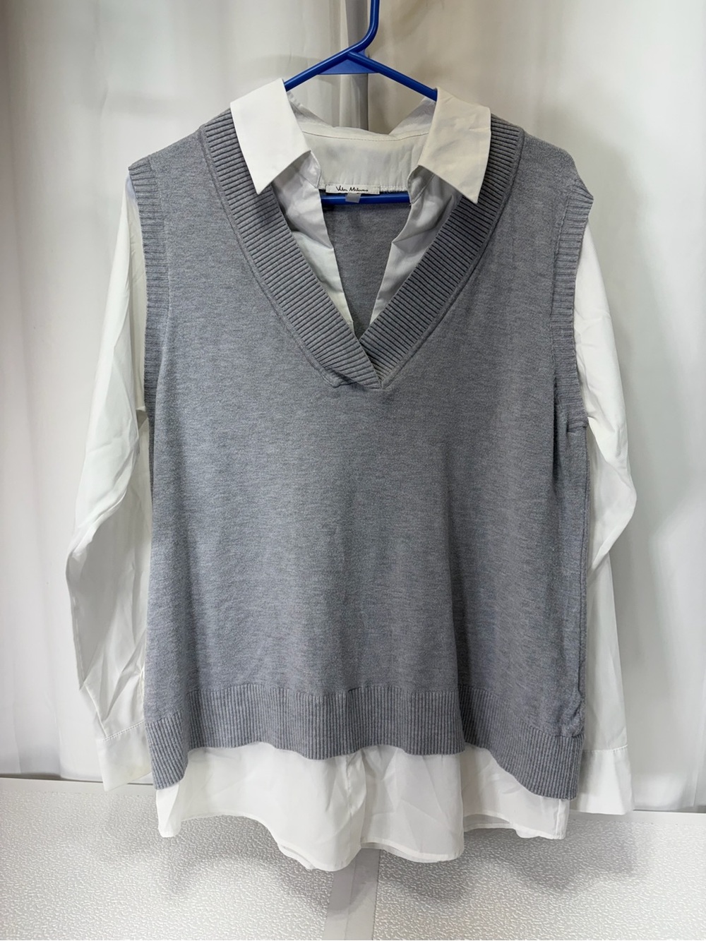 Classic Gray V‑Neck Sweater Vest with White Shirt Layer – Women 4196